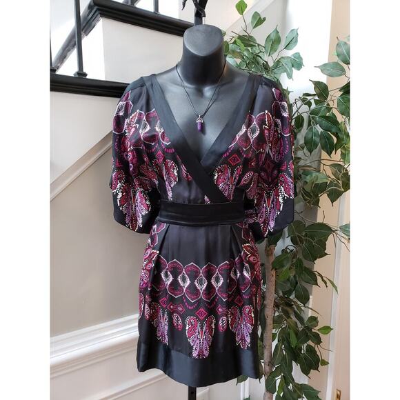 Bebe Wrap Dress Womens XS Multi Silk Paisley Empire Waist Cold Shoulder Sleeve - Picture 1 of 10